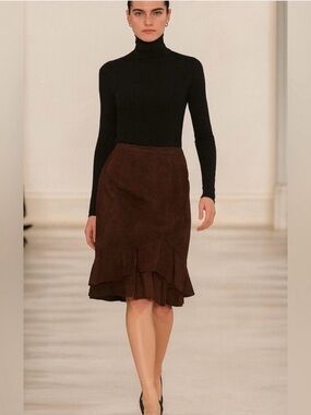 Vintage 100% Leather Suede Skirt 90s y2k Knee Ruffle Lined Slit GEORGIOU Studio